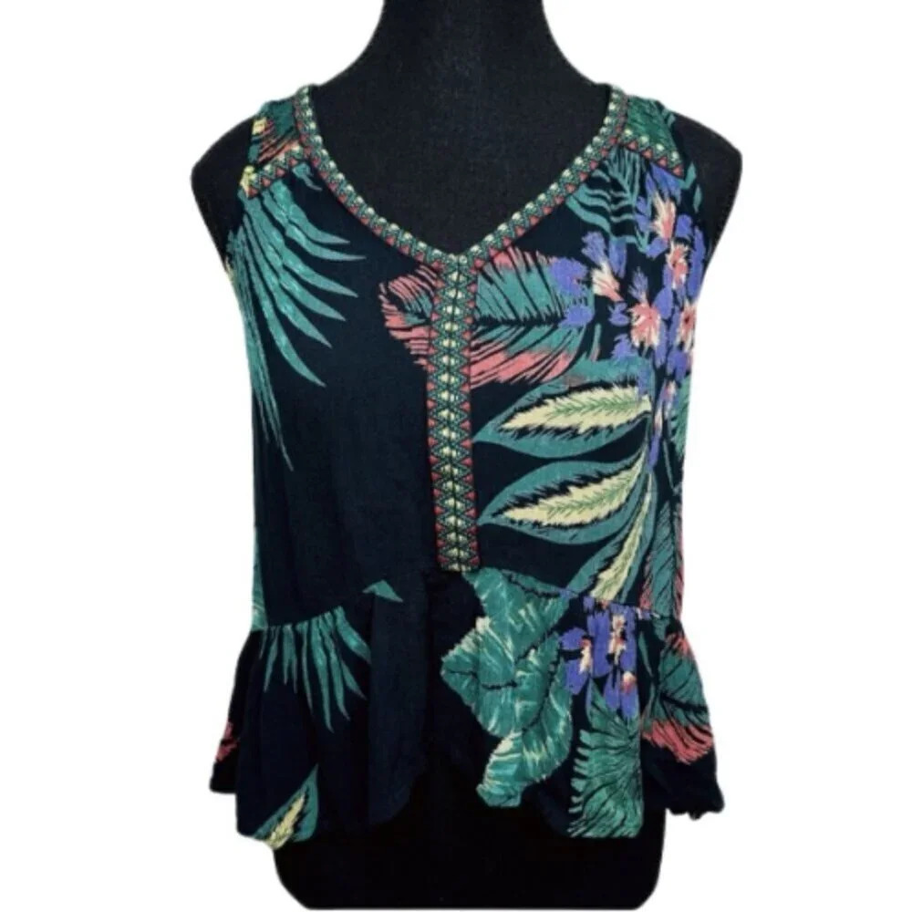 Patrons Of Peace Womens Xsmall Embroidered Tropical Print Peplum Top